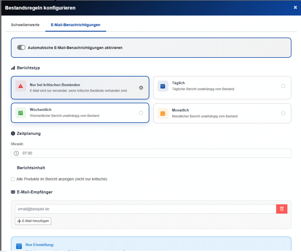 E-Mail-Benachrichtigungskonfiguration im Protectomat Ausgabeautomaten mit individuellen Intervallen und Empfängern