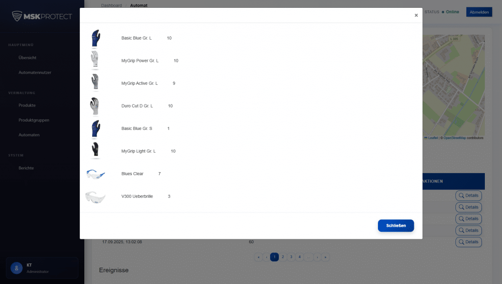Produktdetailansicht im Protectomat Ausgabeautomat mit entnommenen Artikeln und Mengen