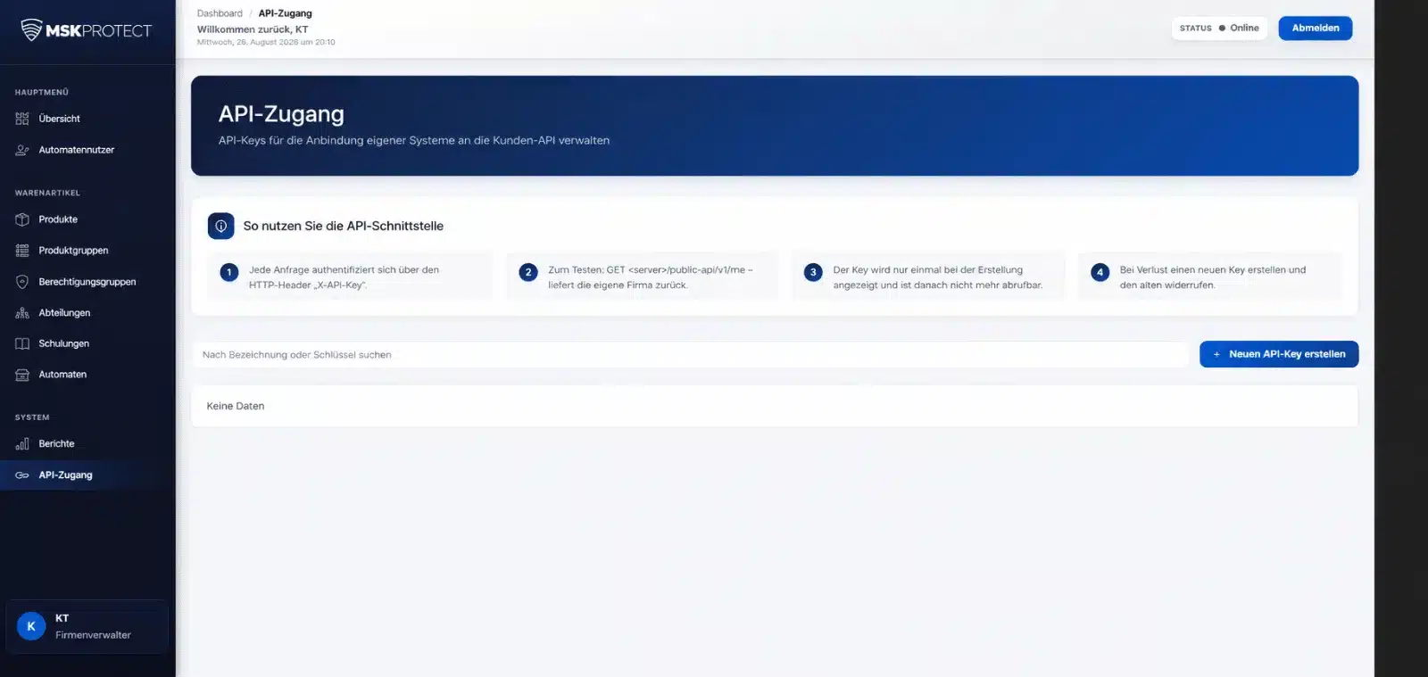 Protectomat Web-Dashboard: API-Zugang mit API-Keys zur Anbindung eigener Systeme