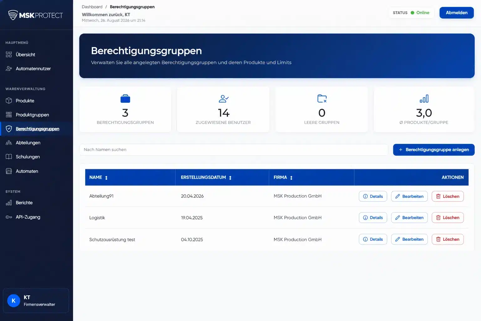 Protectomat Web-Dashboard: Übersicht der Berechtigungsgruppen mit Mengen- und Häufigkeitslimits