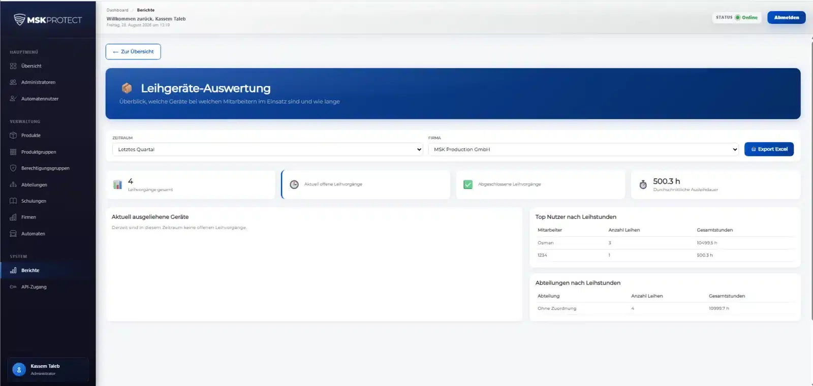Protectomat Web-Dashboard: Leihgeräte-Auswertung mit Leihstunden je Nutzer und Abteilung