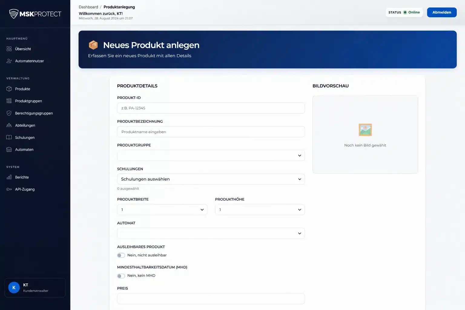 Protectomat Web-Dashboard: Neues Produkt anlegen mit Produktgruppe, Leihoption, Schulungspflicht und MHD