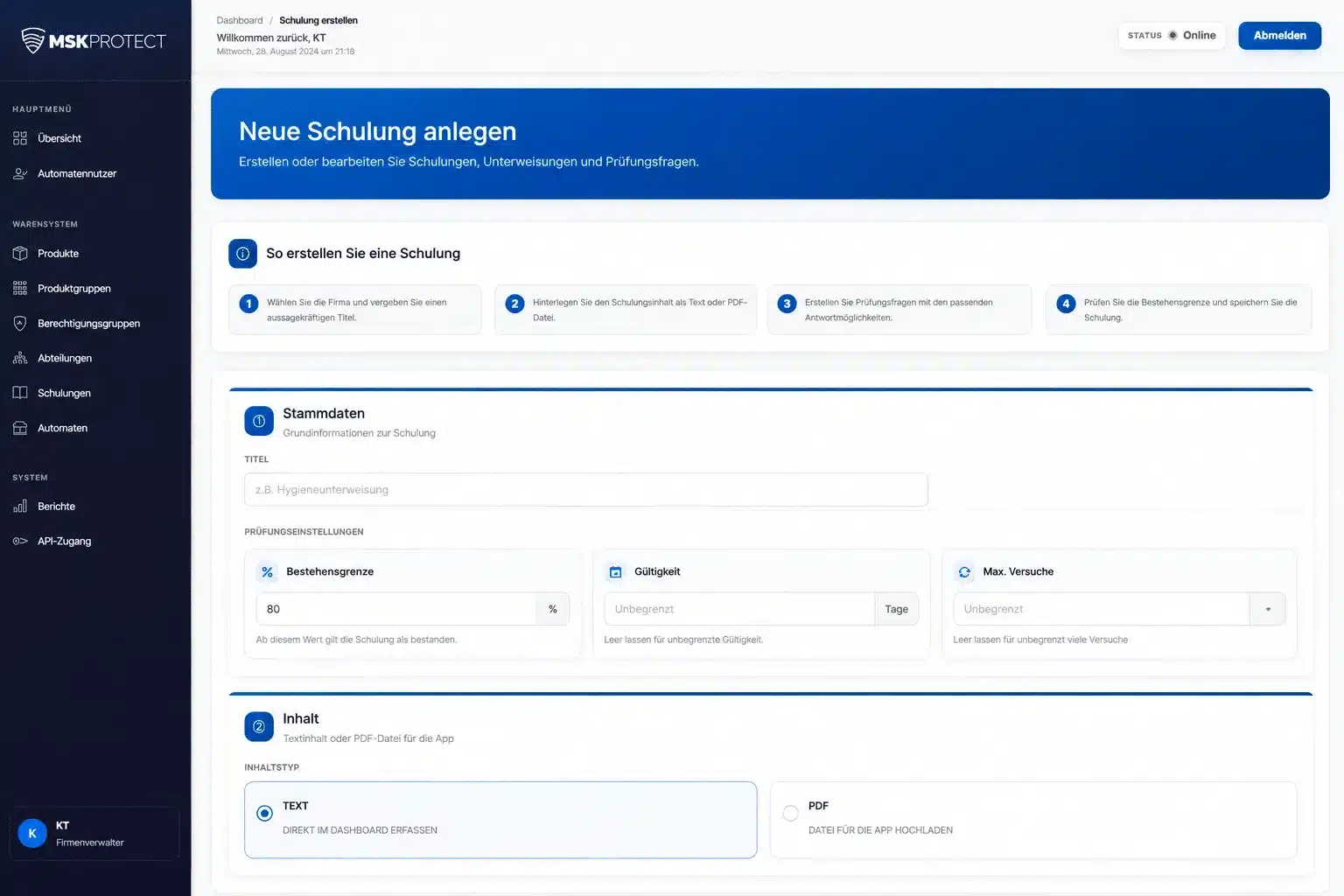 Protectomat Web-Dashboard: Neue Schulung anlegen mit Bestehensgrenze, Gültigkeit und Prüfungsfragen