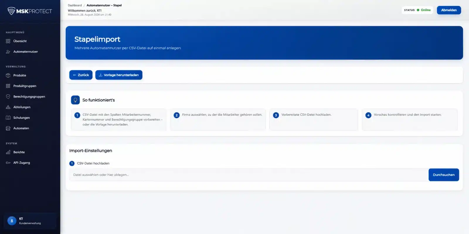 Protectomat Web-Dashboard: Stapelimport für Automatennutzer per CSV mit Vorlage und Vorschau