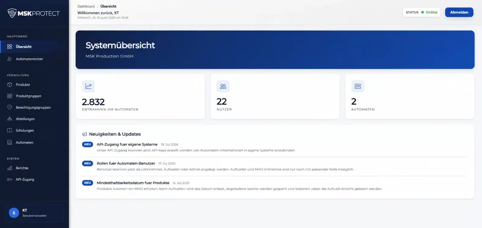 Protectomat Web-Dashboard: Systemübersicht mit Kennzahlen, Automaten-Status und Neuigkeiten