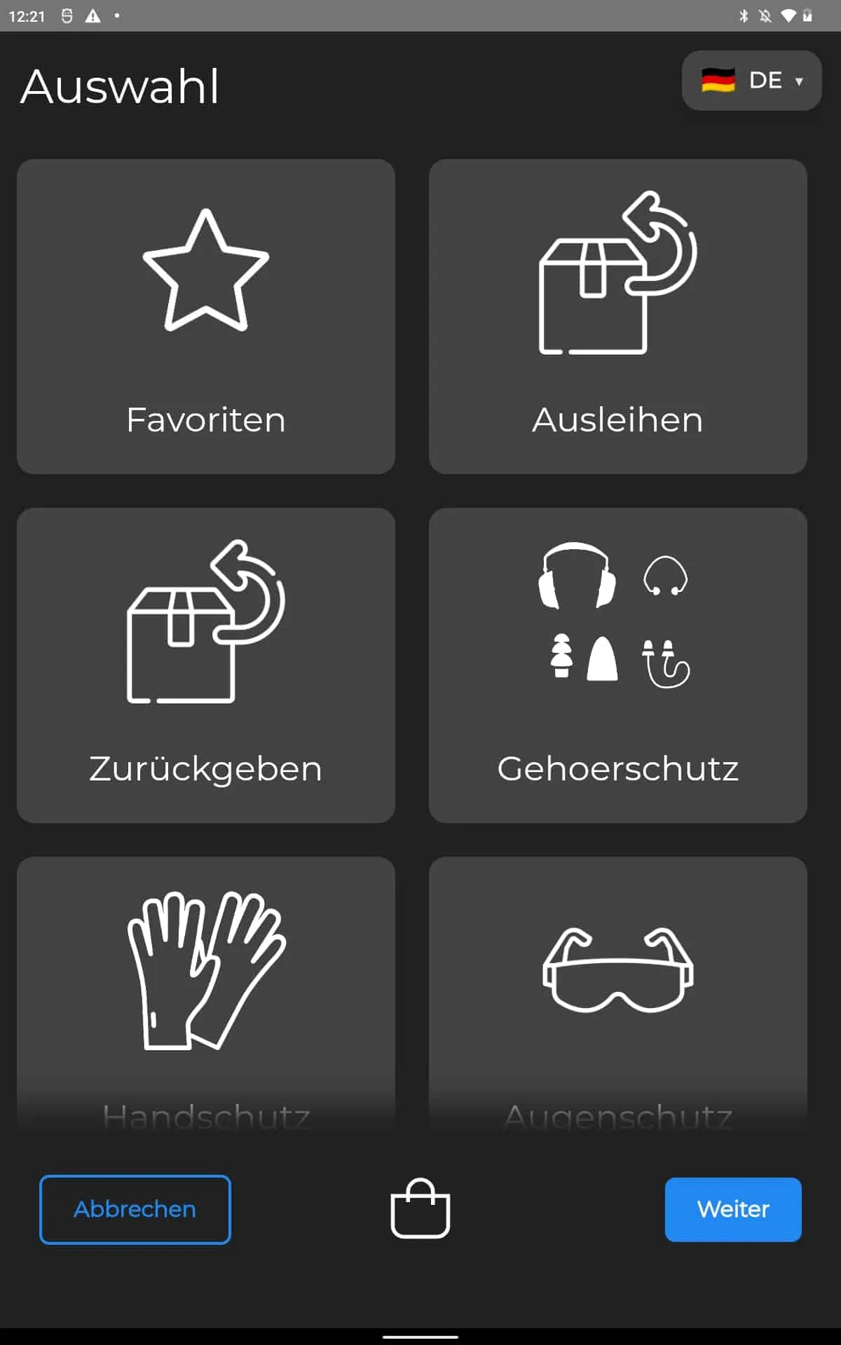 Produktauswahl am Touch-Display des Protectomat PSA Ausgabeautomaten nach Anmeldung per RFID-Karte, Chip oder PIN